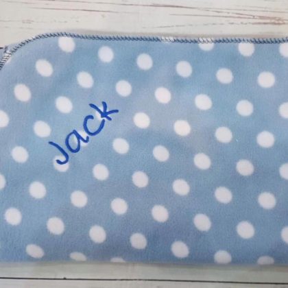 Personalised baby blanket blue with white spots-any name
