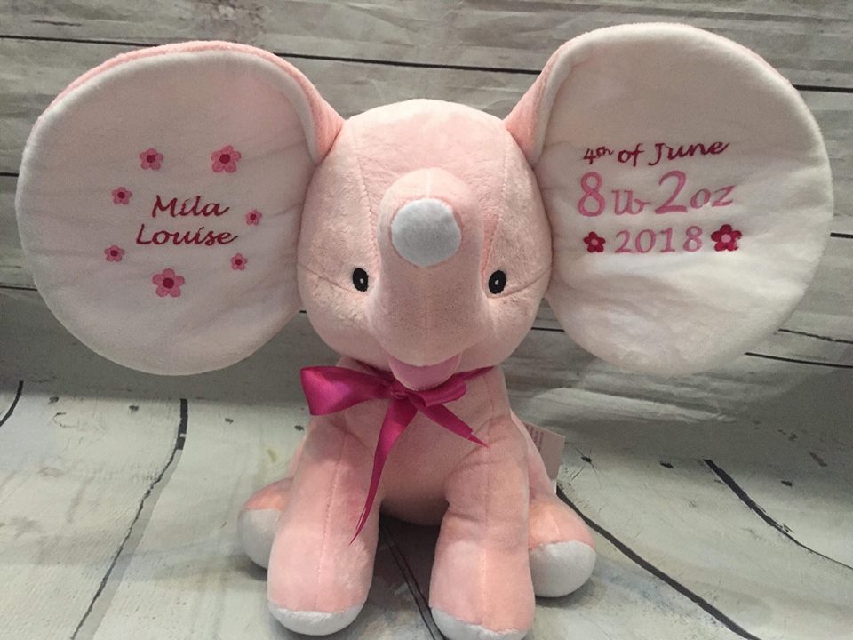 Personalised light pink elephant baby/child gift Pwyth Pistyll