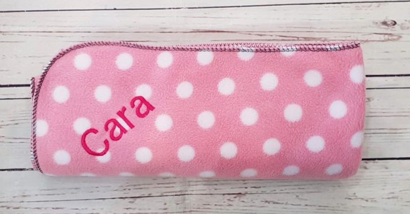 Personalised baby blanket pink with white spots-any name