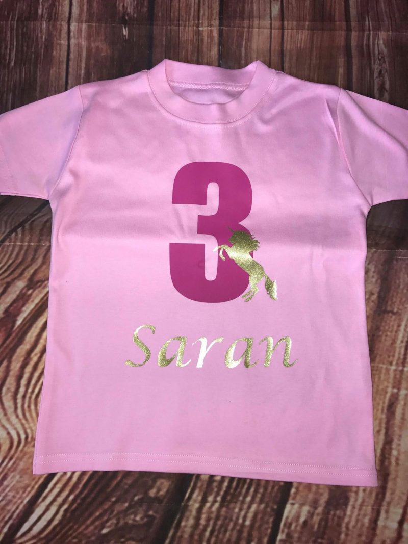 Girls personalised unicorn birthday name age t-shirt