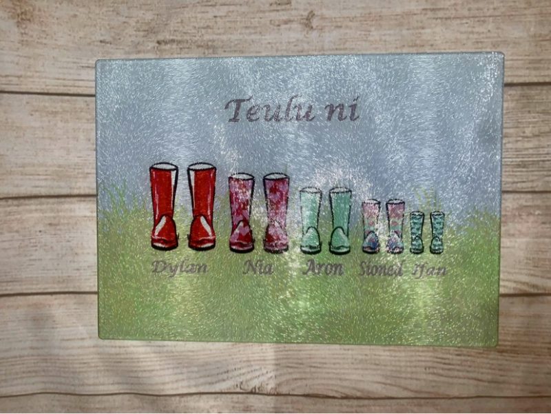 8" x 11" Toughened Glass Chopping Board - Chinchilla personalised wellies family