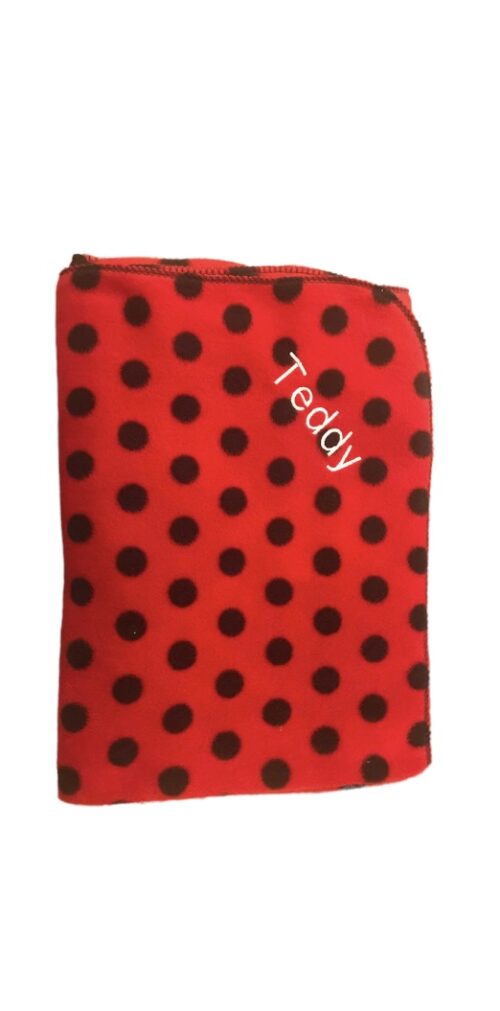 Personalised baby blanket red with black spotsany name Pwyth Pistyll