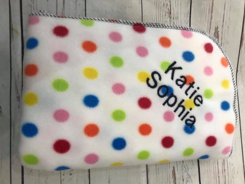 Personalised baby blanket white with multi coloured  spots-any name