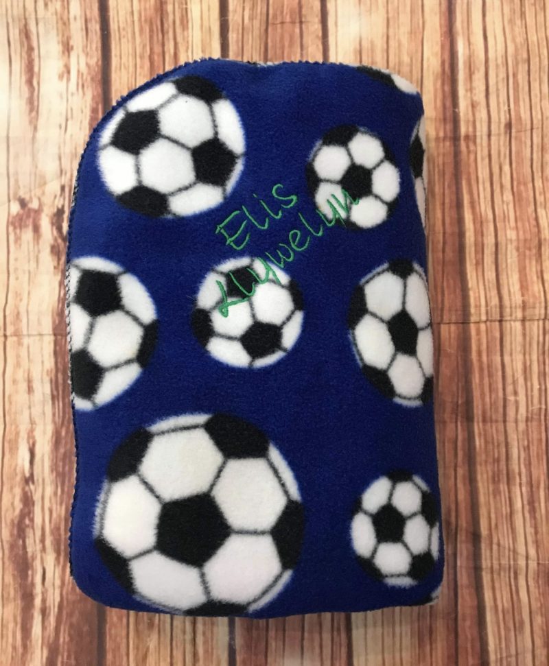Personalised baby blanket blue with footballs-any name