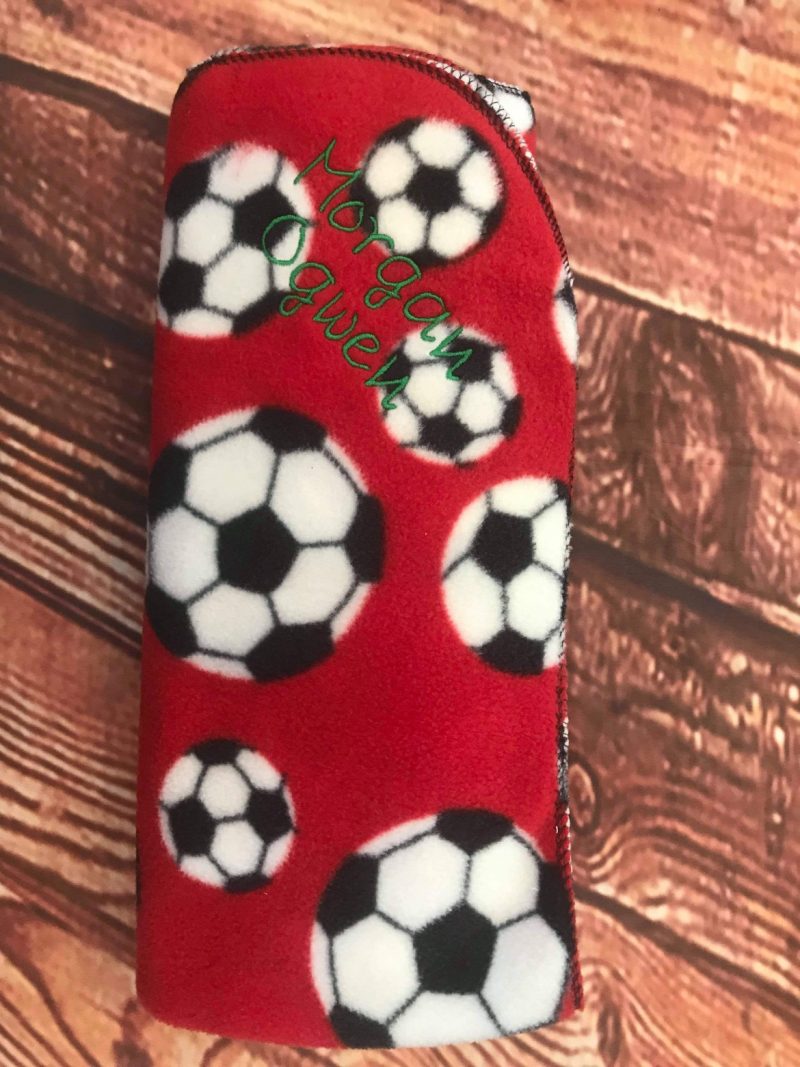Personalised baby blanket red with footballs-any name