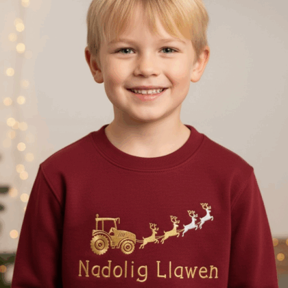 Red with gold tractor Welsh child and adult Christmas jumper-ready made
