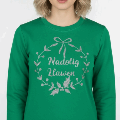 Green silver glitter wreath Welsh child and adult Christmas jumper-ready made