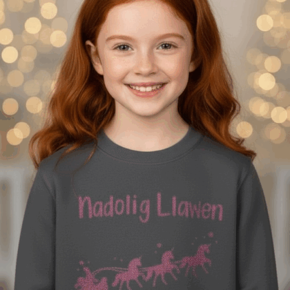 Unicorn on charcoal Welsh child Christmas jumper-ready made