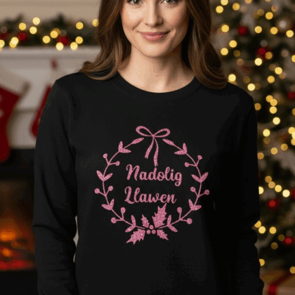 Black pink glitter wreath Welsh child and adult Christmas jumper-ready made