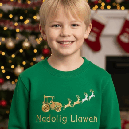 Green gold tractor Welsh child Christmas jumper-ready made